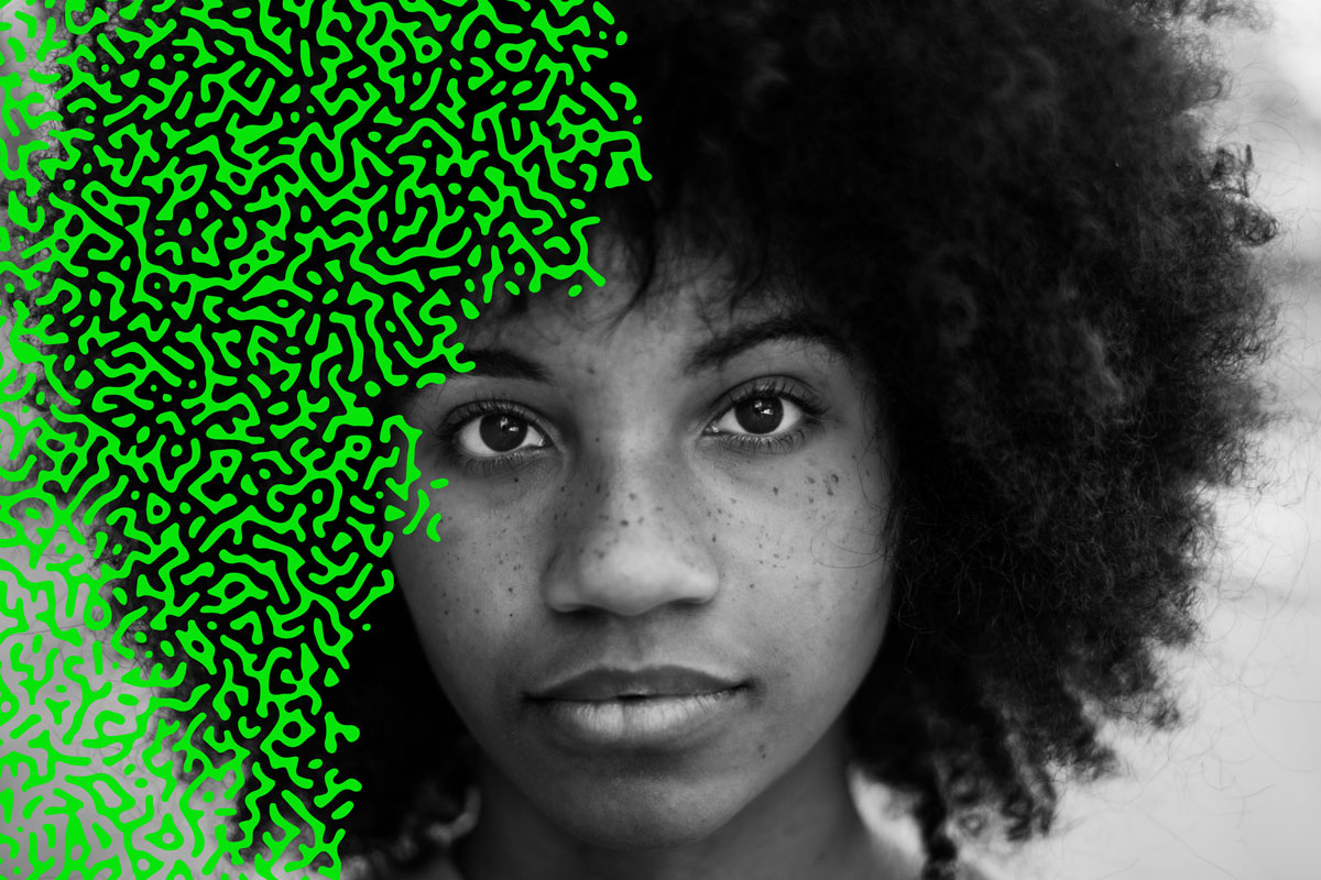 Young Black woman stares at the camera with the image half covered in an organic, brain-like bright green pattern